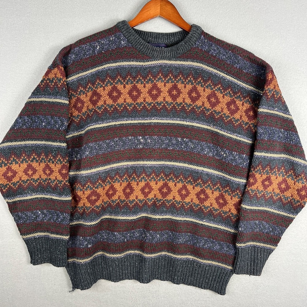 VTG Fair Isle Knit Sweater Mens L Baggy Grandpa Geometric Nordic Knit Cotton USA